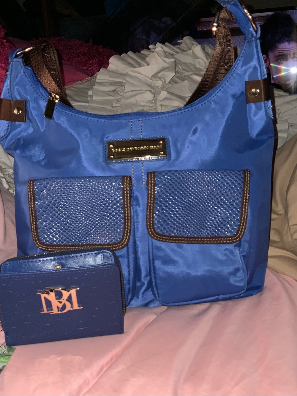 Blue Nylon Shoulder Bag with Front Pockets - Unbranded
